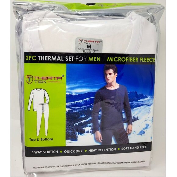 Men's Thermal Long Johns Warm Underwear Set, Microfiber Fleece, White - Picture 1 of 4